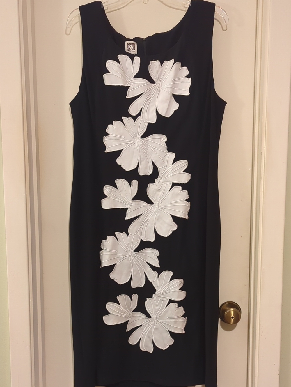 Anne Klein Black Midi Dress with White Floral Appliqué Cascade